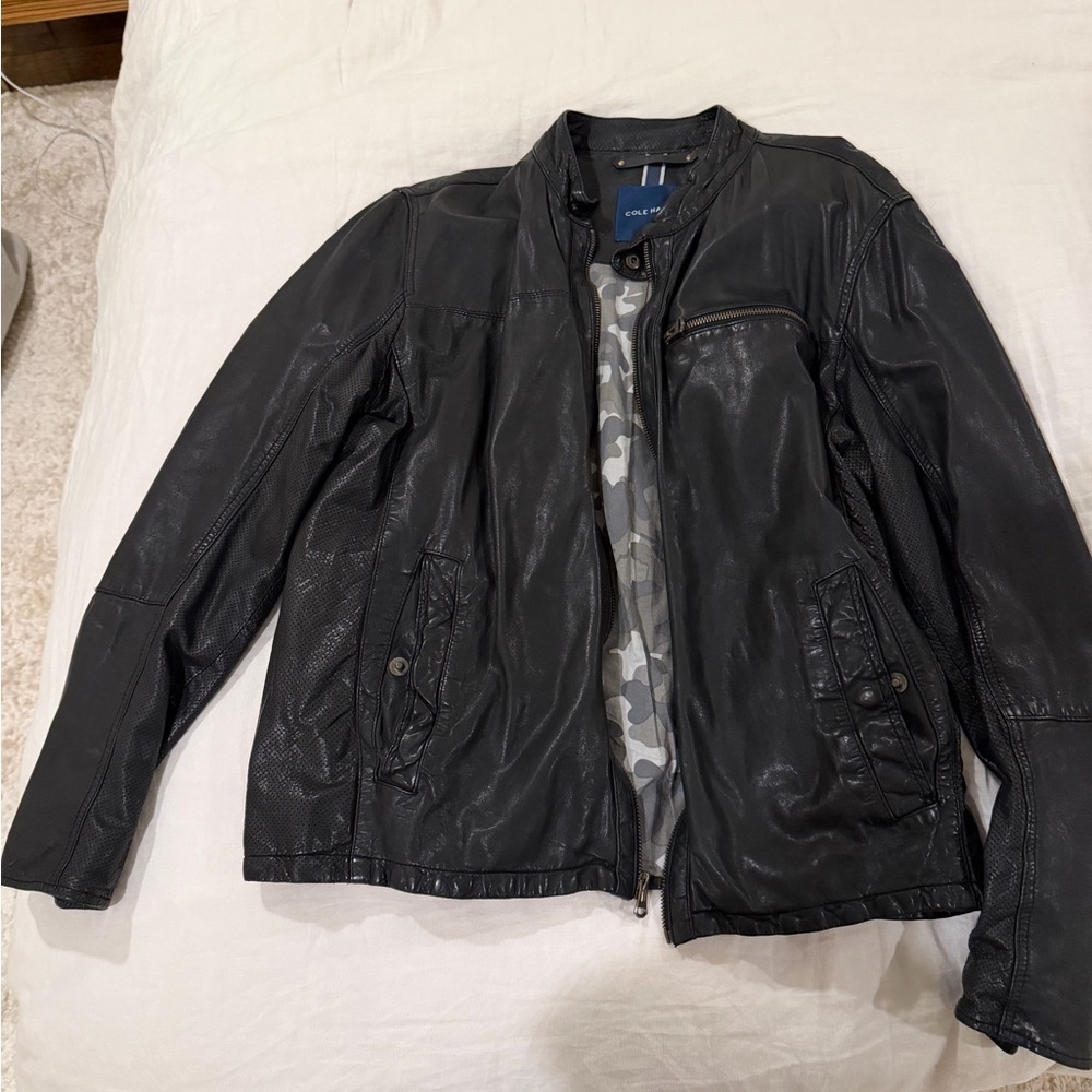 Cole Haan Black Leather Bomber Jacket with Camo Lining